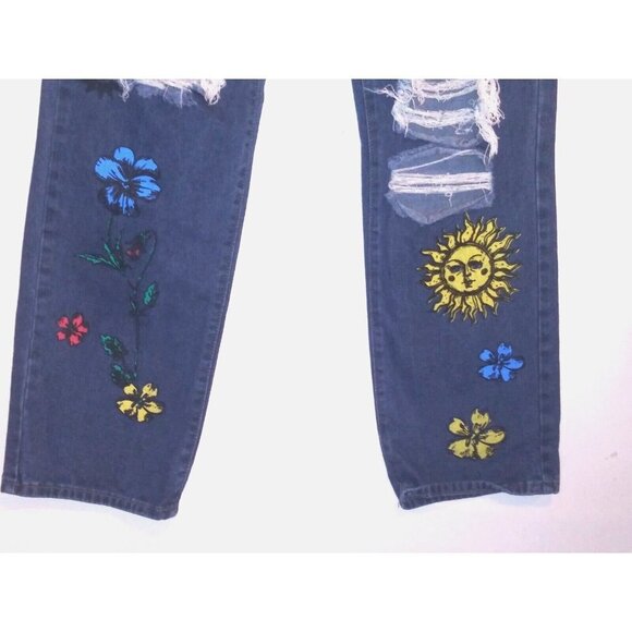 Women jeans straight leg SUNFLOWER PAINTED Sz M distressed floral high rise EUC - Picture 3 of 7